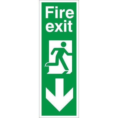 Fire Exit Arrow Down Sign with downward arrow and running person symbol