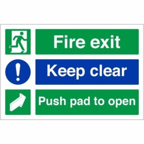 Fire Exit Keep Clear Push Pad To Open Sign with emergency exit and push pad symbols