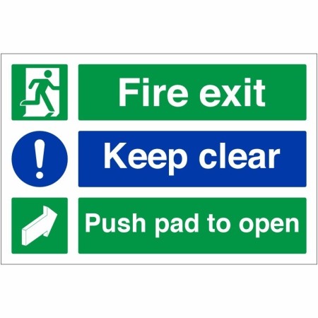 Fire Exit Keep Clear Push Pad To Open Sign with emergency exit and push pad symbols