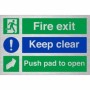 Brushed aluminum Fire exit keep clear push pad to open safety sign