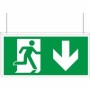 Double sided fire exit down hanging sign with running man symbol