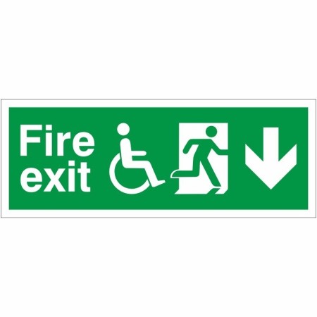 Refuge Fire Exit Down Sign with wheelchair symbol and downward-pointing arrow