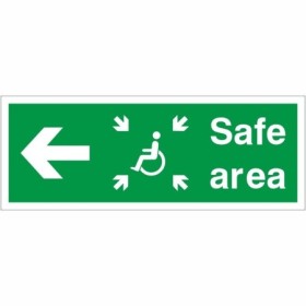 Safe Area Left Refuge Sign with wheelchair symbol and left-pointing arrow