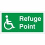 Refuge Point Sign with white wheelchair symbol on green background