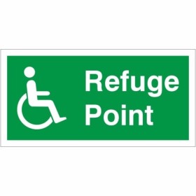 Refuge Point Sign with white wheelchair symbol on green background