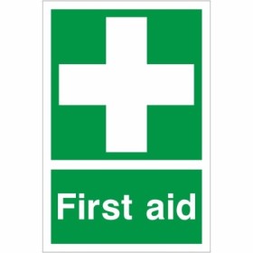 Green and white First Aid Sign with first aid cross
