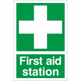 Green and white First Aid Station Sign with first aid cross