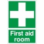 Green and white First Aid Room Sign with first aid cross