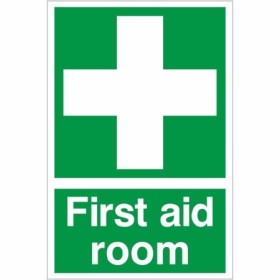 Green and white First Aid Room Sign with first aid cross