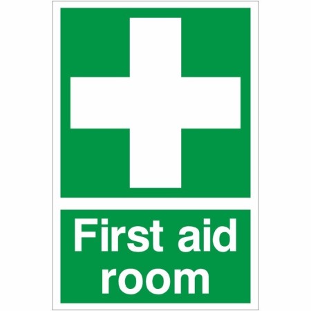 Green and white First Aid Room Sign with first aid cross