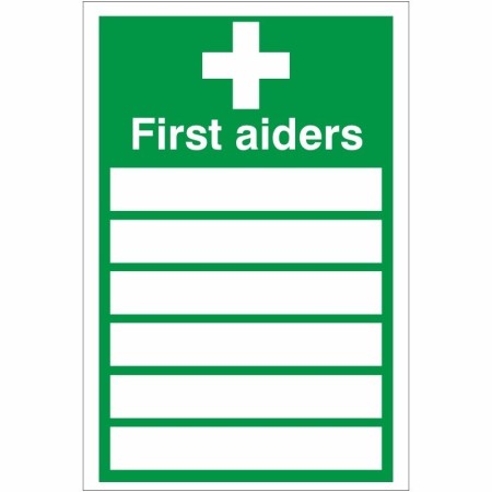 Green and white First Aiders Sign with spaces for first aider names