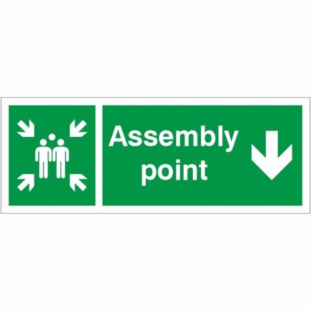 Assembly Point Down emergency evacuation sign with downward arrow