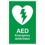 AED Emergency Defibrillator safety sign with heart and lightning symbol on green background