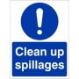 Clean Up Spillages Sign with white mandatory symbol and text on blue background