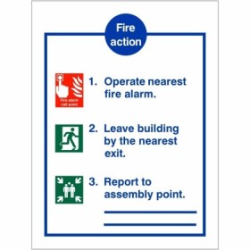 3 Point Fire Action Notice Sign with fire alarm, exit and assembly point instructions
