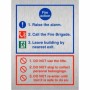 Brushed aluminum 3 point fire action notice raise the alarm safety sign with evacuation instructions