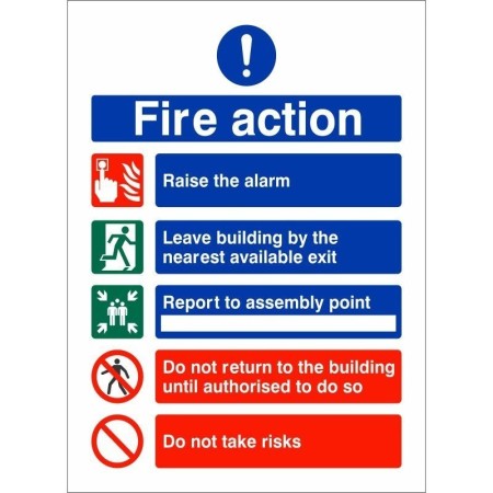 Raise The Alarm Fire Action Notice Sign with emergency evacuation instructions