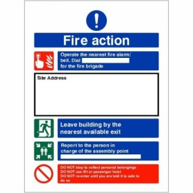 Fire Action Construction Site Notice Sign with emergency instructions