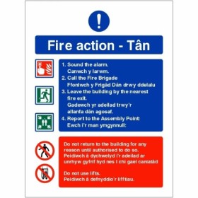 English and Welsh bilingual Fire Action Sign with evacuation instructions