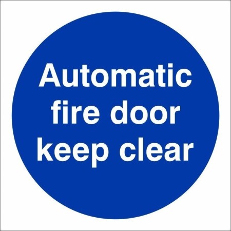 Automatic Fire Door Keep Clear mandatory sign with white text on a blue circular background