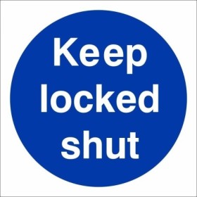 Keep Locked Shut mandatory sign with white text on a blue circular background