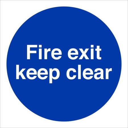 Fire Exit Keep Clear mandatory sign with white text on a blue circular background