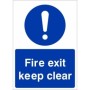Fire Exit Keep Clear safety sign with white text on blue background