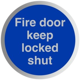 Fire Door Keep Locked Shut aluminium mandatory sign with white text on a blue circular background