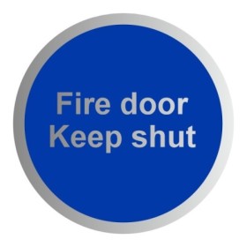Fire Door Keep Shut aluminium mandatory sign with white text on a blue circular background