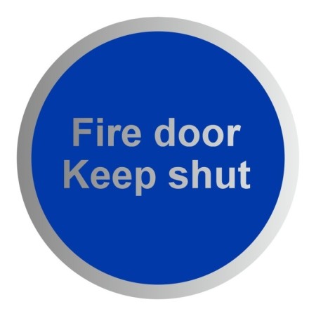 Fire Door Keep Shut aluminium mandatory sign with white text on a blue circular background