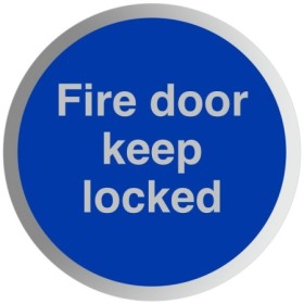 Fire Door Keep Locked aluminium mandatory sign with white text on a blue circular background