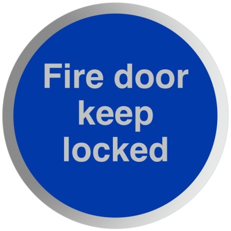 Fire Door Keep Locked aluminium mandatory sign with white text on a blue circular background