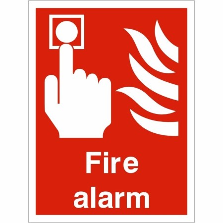 Fire Alarm Sign with white call point and flame symbols on red background