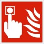 Fire Alarm Symbol Sign with white call point and flame symbols on red background