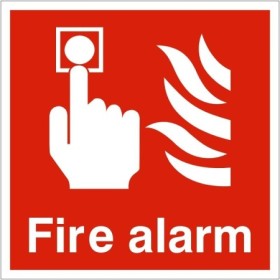 Fire Alarm Square Sign with white call point and flame symbols on red background