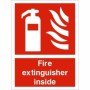 Fire Extinguisher Inside Sign with white extinguisher and flame symbol on red background