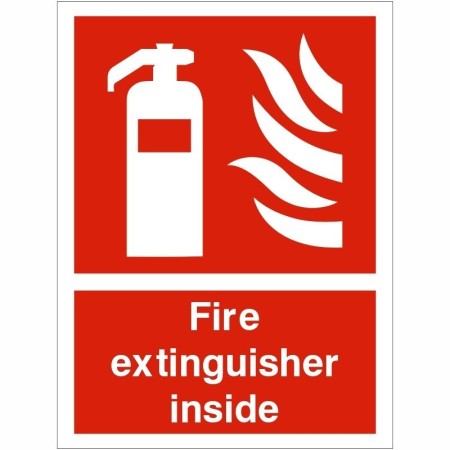 Fire Extinguisher Inside Sign with white extinguisher and flame symbol on red background