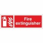 Fire extinguisher safety sign with extinguisher symbol and white text on red background