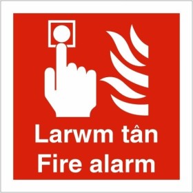 Larwm Tân Fire Alarm Welsh and English Square Sign with white symbols on red background