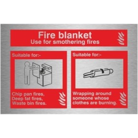 Brushed Aluminium Fire blanket use for smothering fires safety sign with emergency guidance symbols