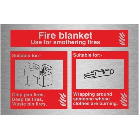 Brushed Aluminium Fire blanket use for smothering fires safety sign with emergency guidance symbols