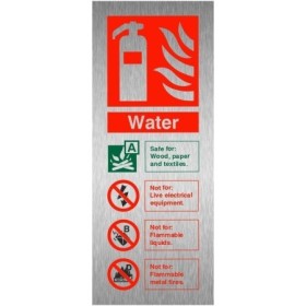 Brushed Aluminium Water Fire Extinguisher ID Sign with fire type guidance
