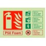 Glow in the Dark P50 foam fire extinguisher ID safety sign with electrical and liquid fire guidance