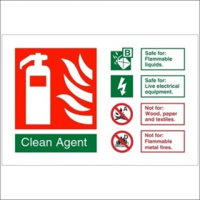 Clean Agent Fire Extinguisher ID Sign with fire suitability guidance