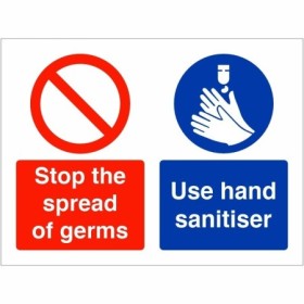 Stop The Spread Of Germs Use Hand Sanitiser Hygiene Sign with red and blue symbols
