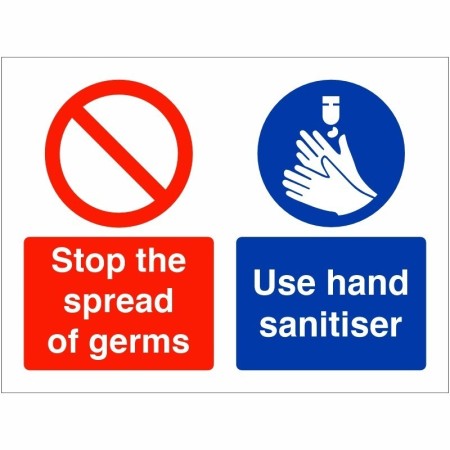 Stop The Spread Of Germs Use Hand Sanitiser Hygiene Sign with red and blue symbols