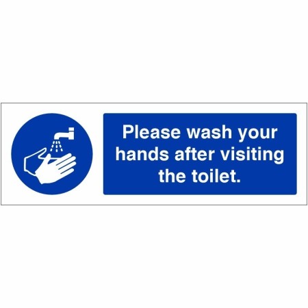 Please Wash Your Hands After Visiting The Toilet Sign with blue mandatory handwashing symbol