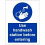 Use Handwash Station Before Entering Sign with blue mandatory handwashing symbol