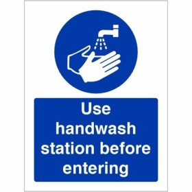 Use Handwash Station Before Entering Sign with blue mandatory handwashing symbol