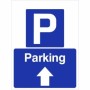 Parking straight ahead sign with parking symbol and upward directional arrow